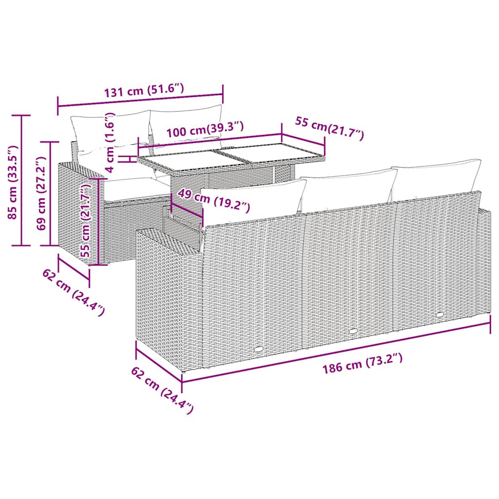6-delige Loungeset met kussens poly rattan acacia bruin – afbeelding 11