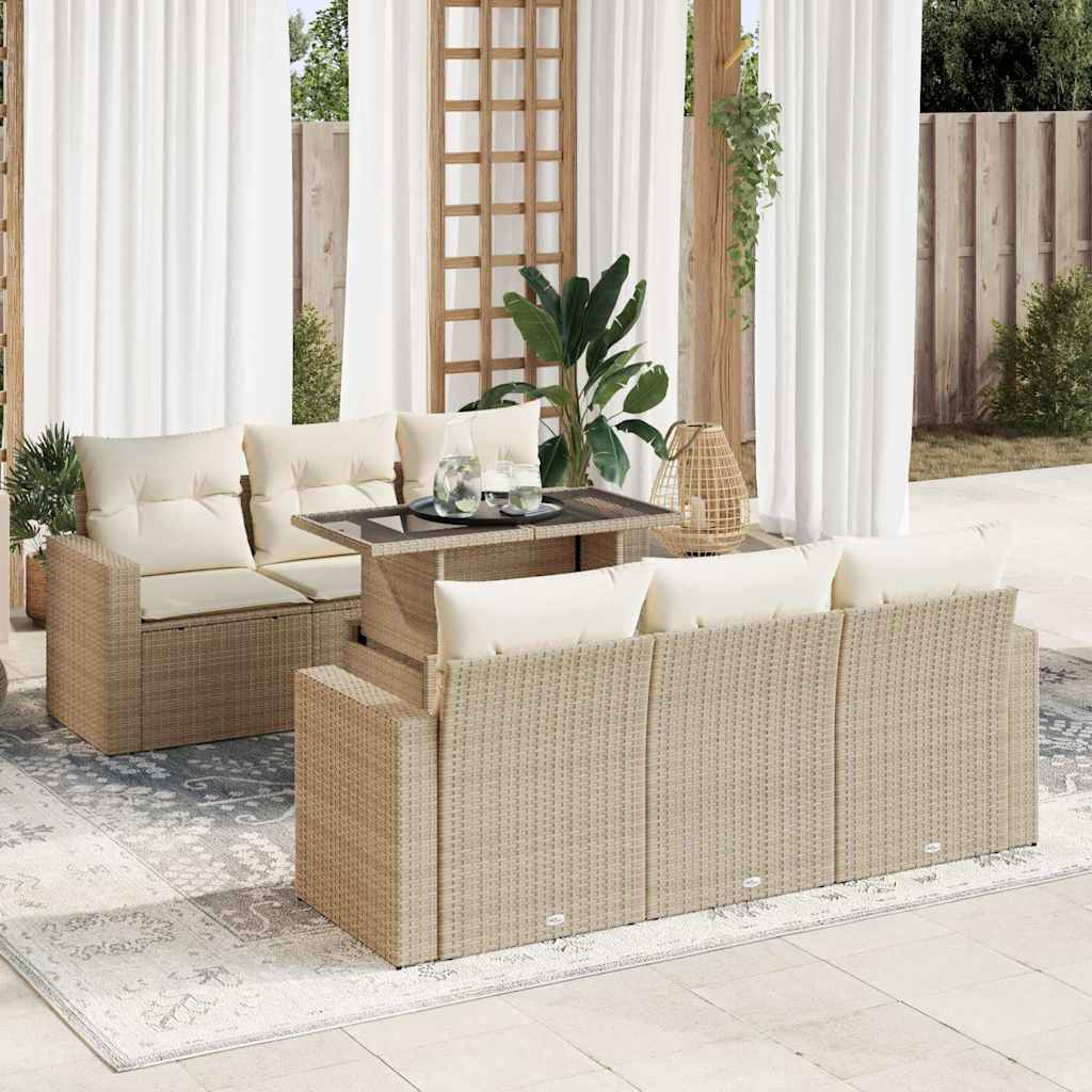 7-delige Loungeset met kussens poly rattan beige – afbeelding 1
