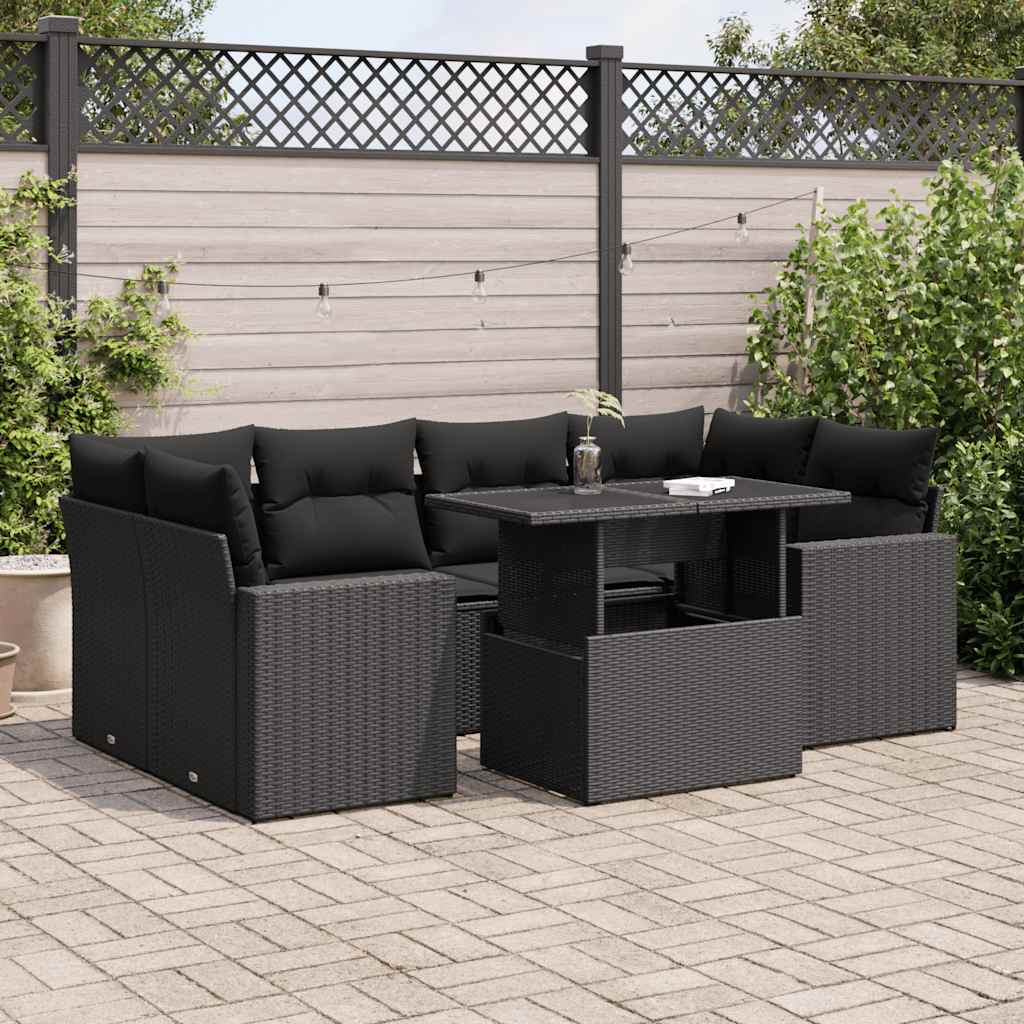 7-delige Loungeset met kussens poly rattan zwart – afbeelding 1