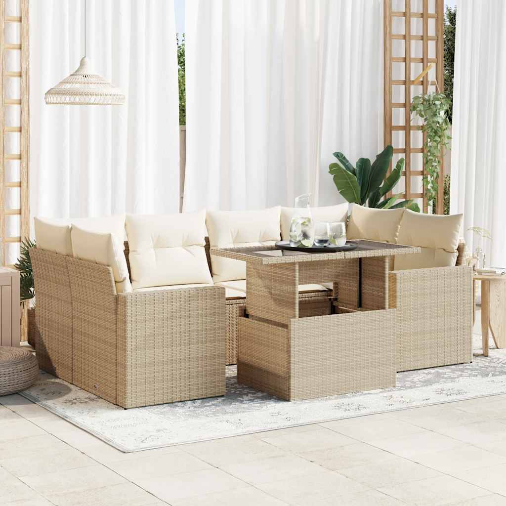 7-delige Loungeset met kussens poly rattan beige – afbeelding 1