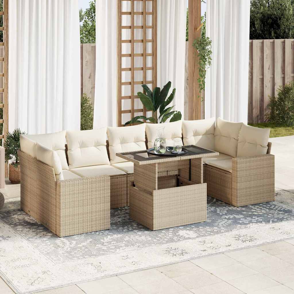 8-delige Loungeset met kussens poly rattan beige – afbeelding 1