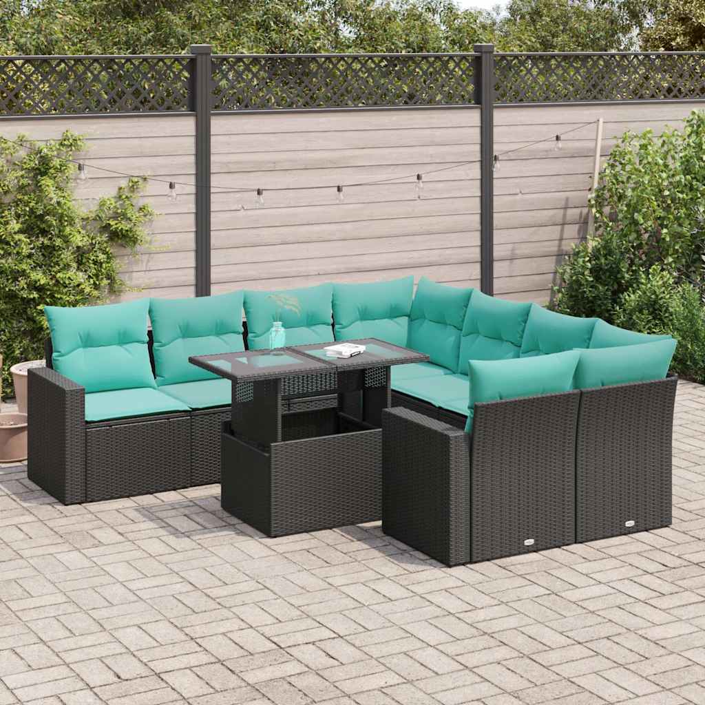 9-delige Loungeset met kussens poly rattan acacia zwart – afbeelding 1