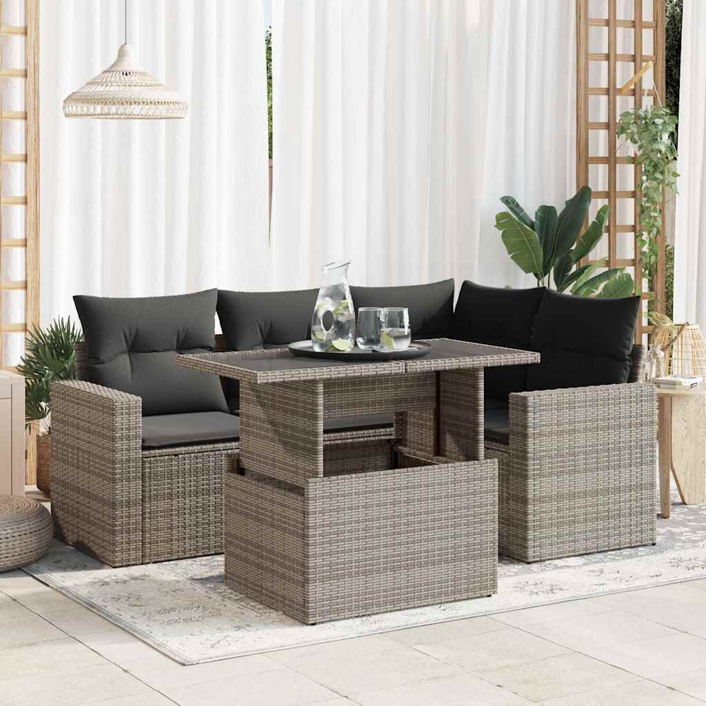 5-delige Loungeset met kussens poly rattan grijs – afbeelding 1