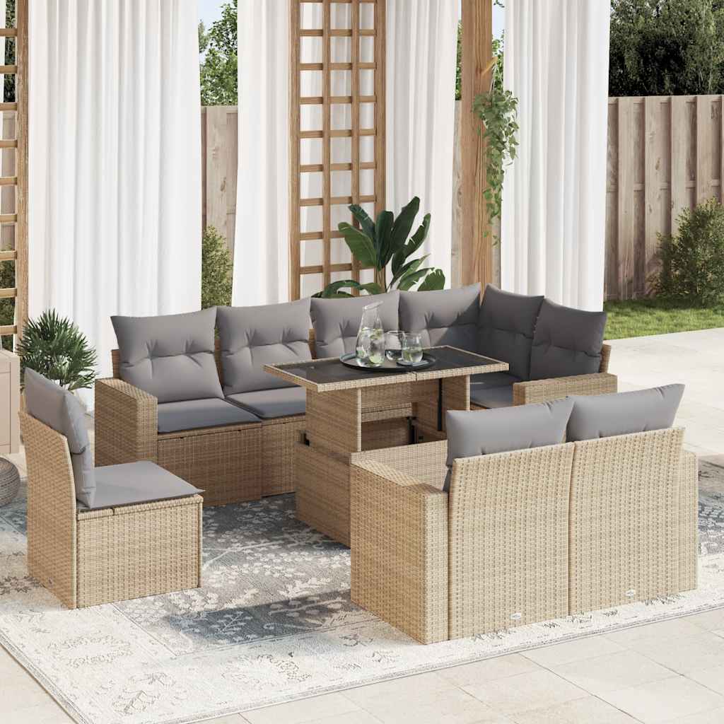 9-delige Loungeset met kussens poly rattan beige – afbeelding 1