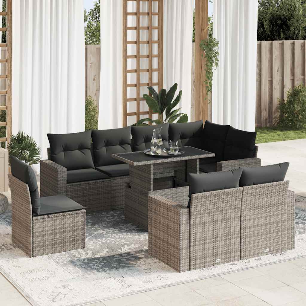 9-delige Loungeset met kussens poly rattan grijs – afbeelding 1