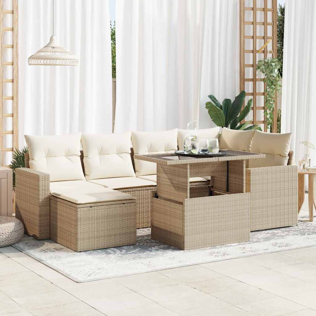 7-delige Loungeset met kussens poly rattan beige – afbeelding 1