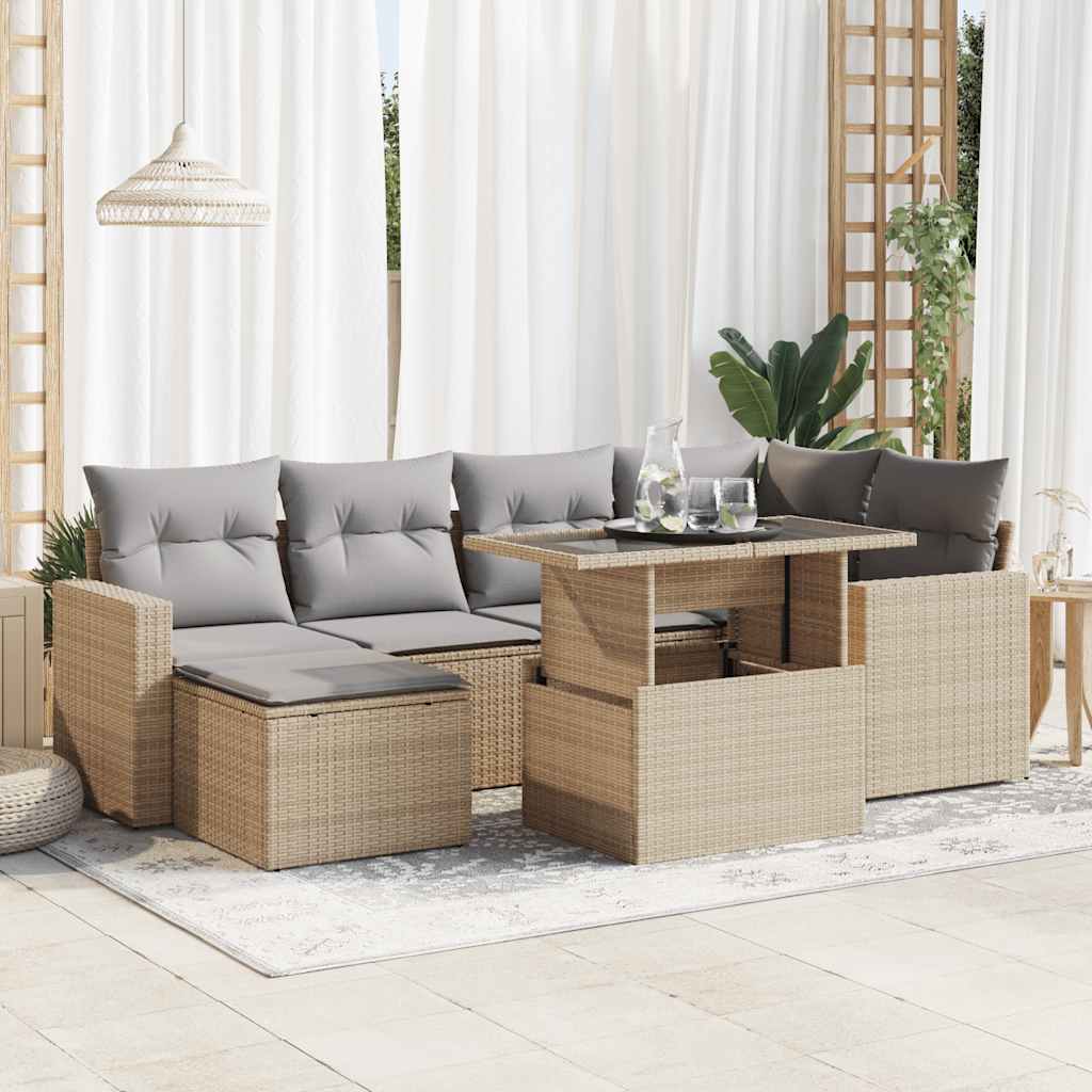 7-delige Loungeset met kussens poly rattan beige – afbeelding 1
