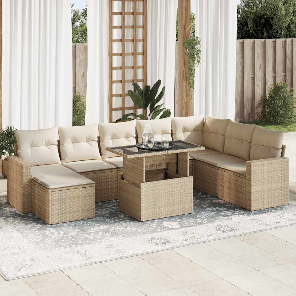 9-delige Loungeset met kussens poly rattan beige – afbeelding 1