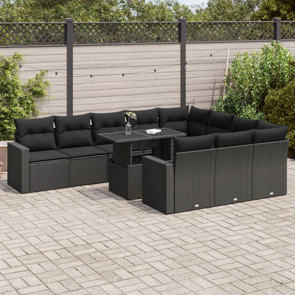 11-delige Loungeset met kussens poly rattan zwart – afbeelding 1
