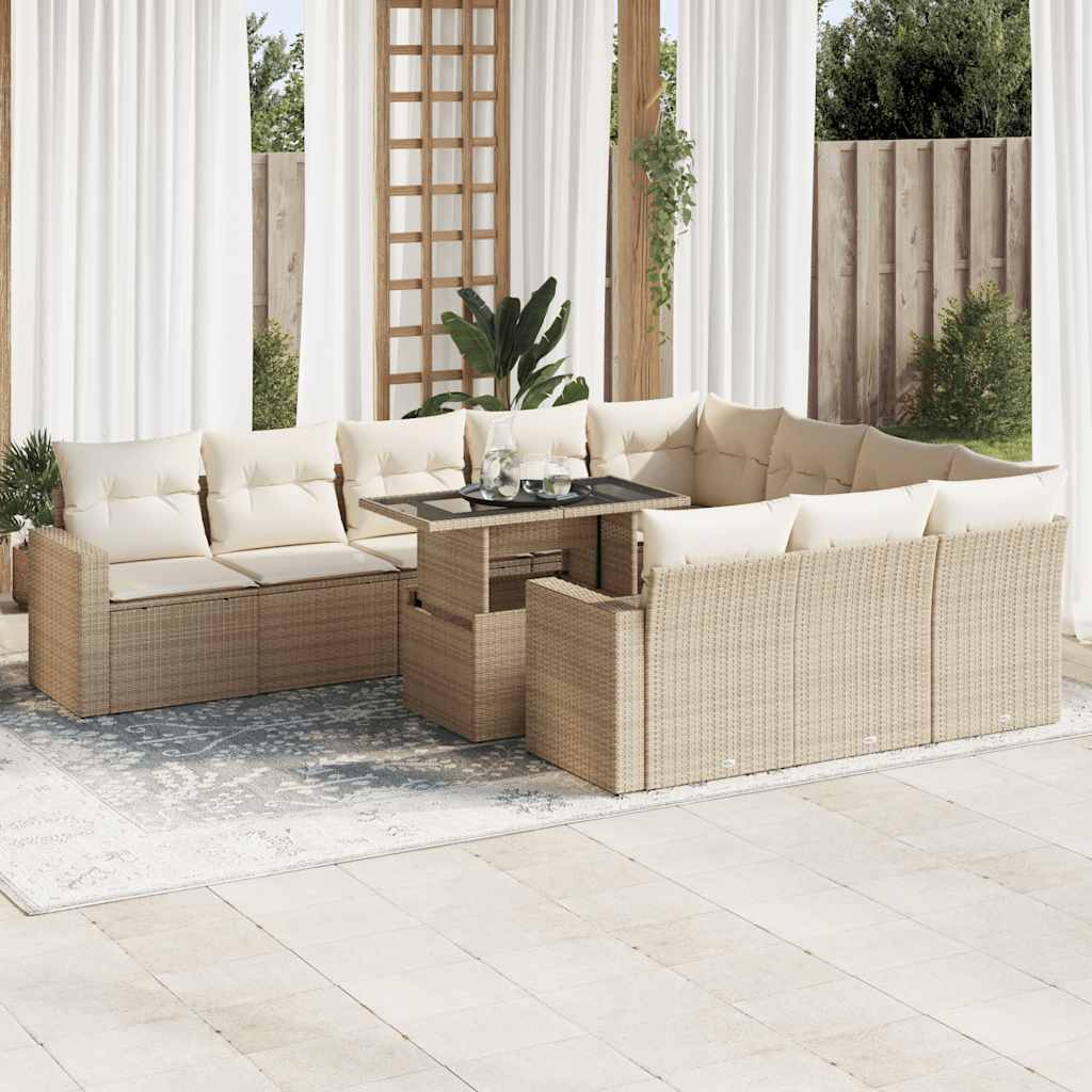 11-delige Tuinset met kussens poly rattan beige – afbeelding 1