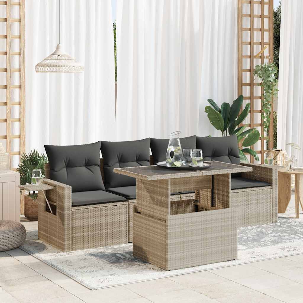 5-delige Loungeset met kussens poly rattan lichtgrijs – afbeelding 1