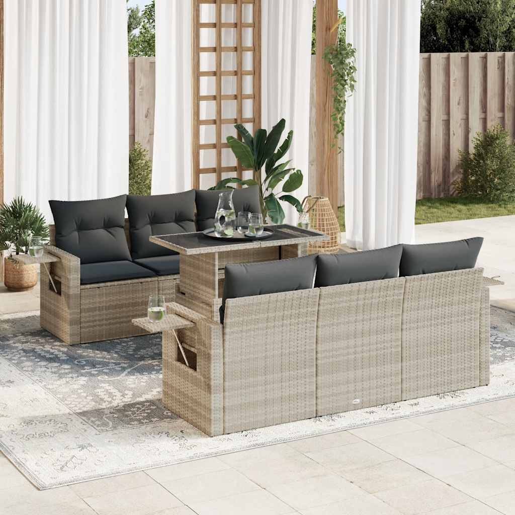 7-delige Loungeset met kussens poly rattan lichtgrijs – afbeelding 1