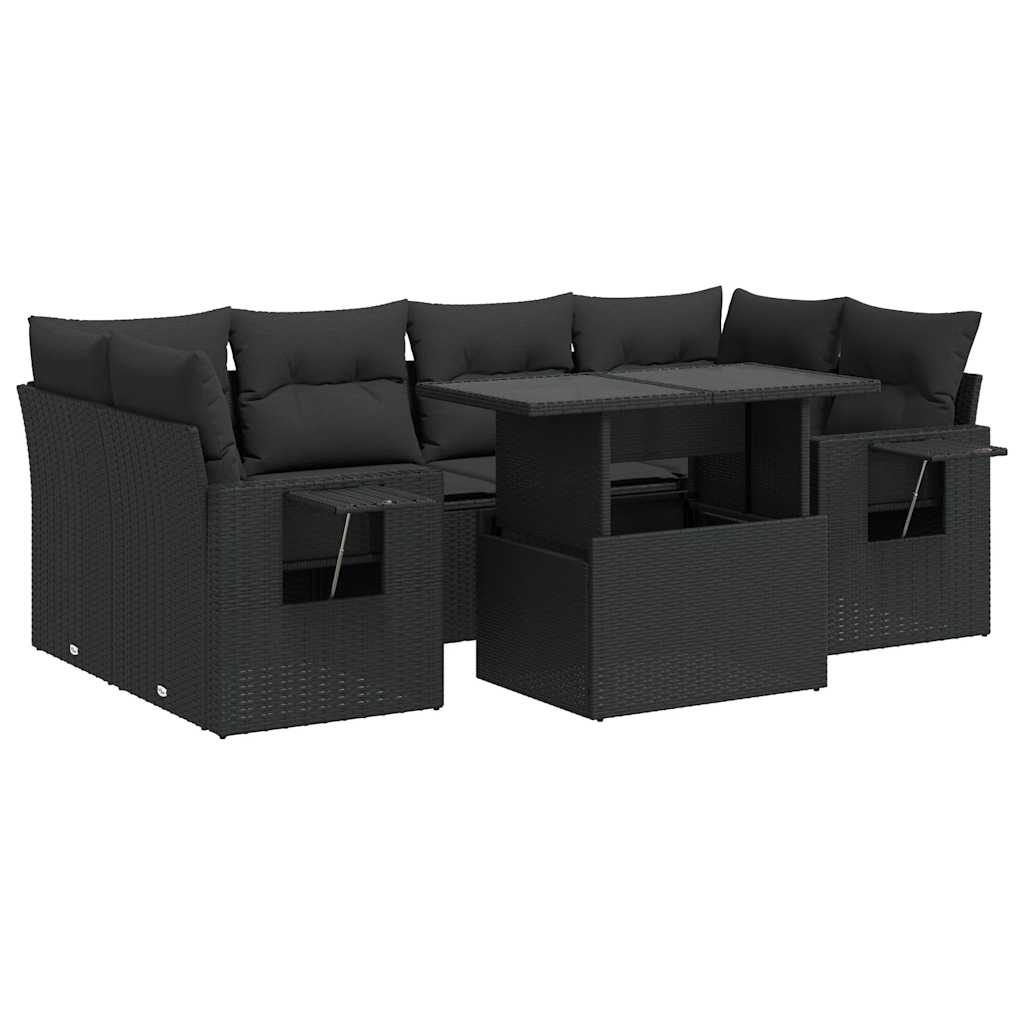 7-delige Loungeset met kussens poly rattan zwart – afbeelding 2