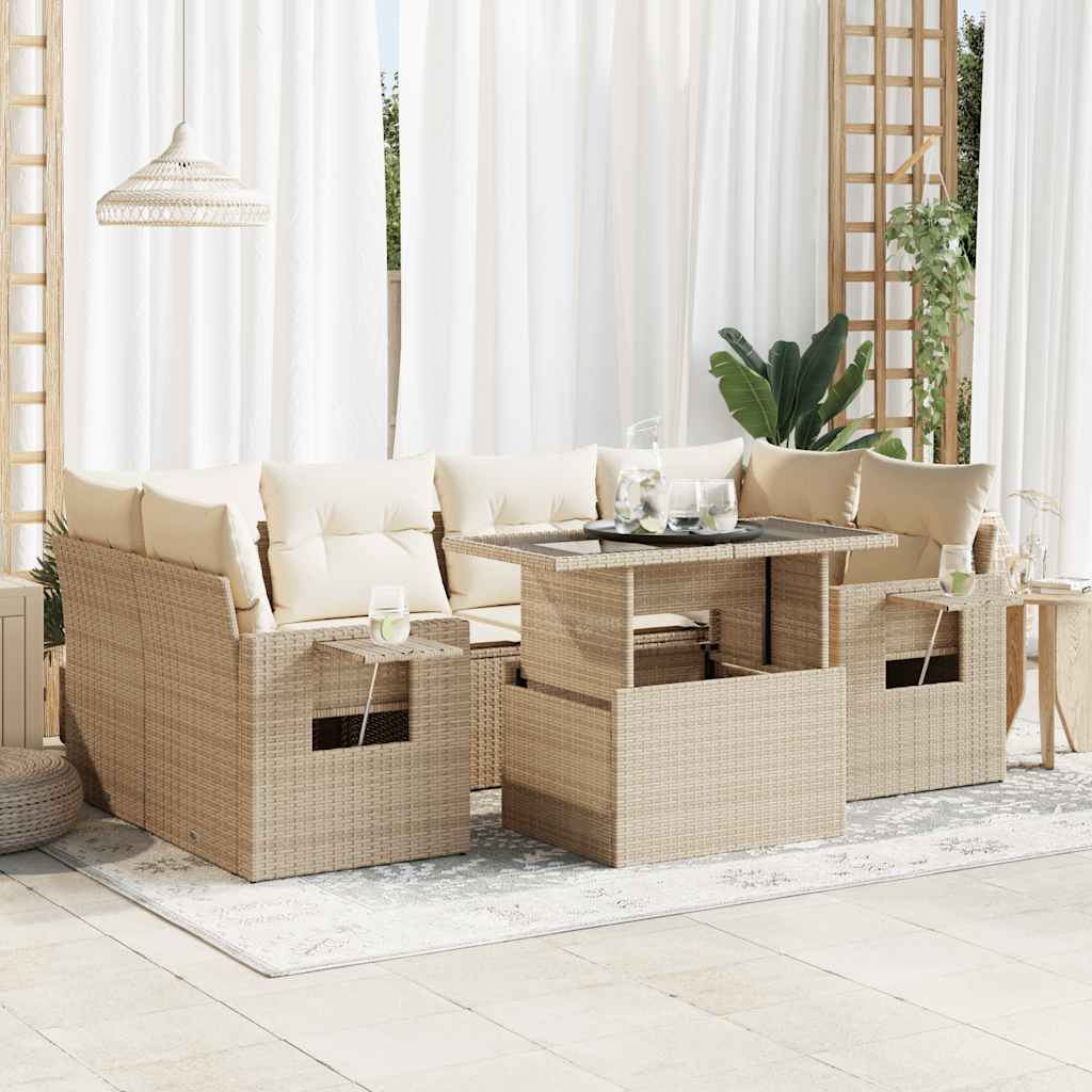 7-delige Loungeset met kussens poly rattan beige – afbeelding 1