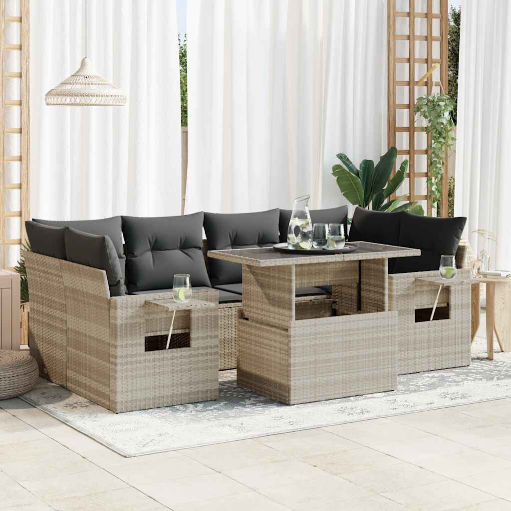 7-delige Loungeset met kussens poly rattan lichtgrijs – afbeelding 1