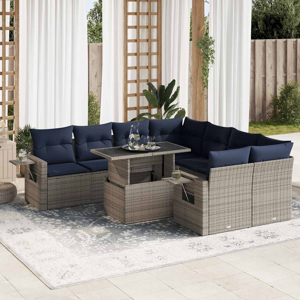 9-delige Loungeset met kussens poly rattan acacia grijs
