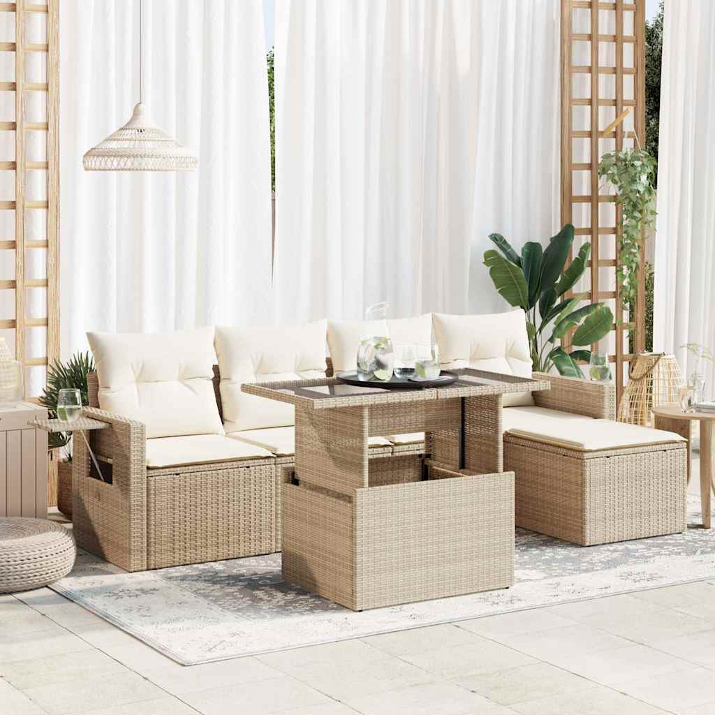 6-delige Loungeset met kussens poly rattan beige – afbeelding 1