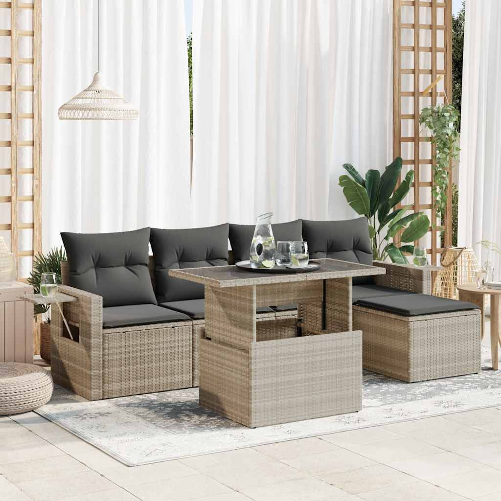 6-delige Loungeset met kussens poly rattan lichtgrijs – afbeelding 1