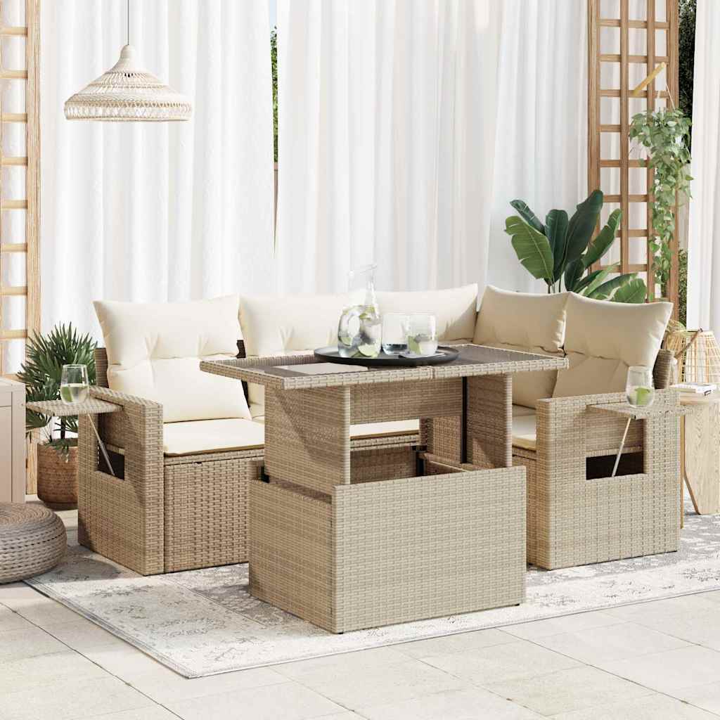 5-delige Loungeset met kussens poly rattan beige – afbeelding 1