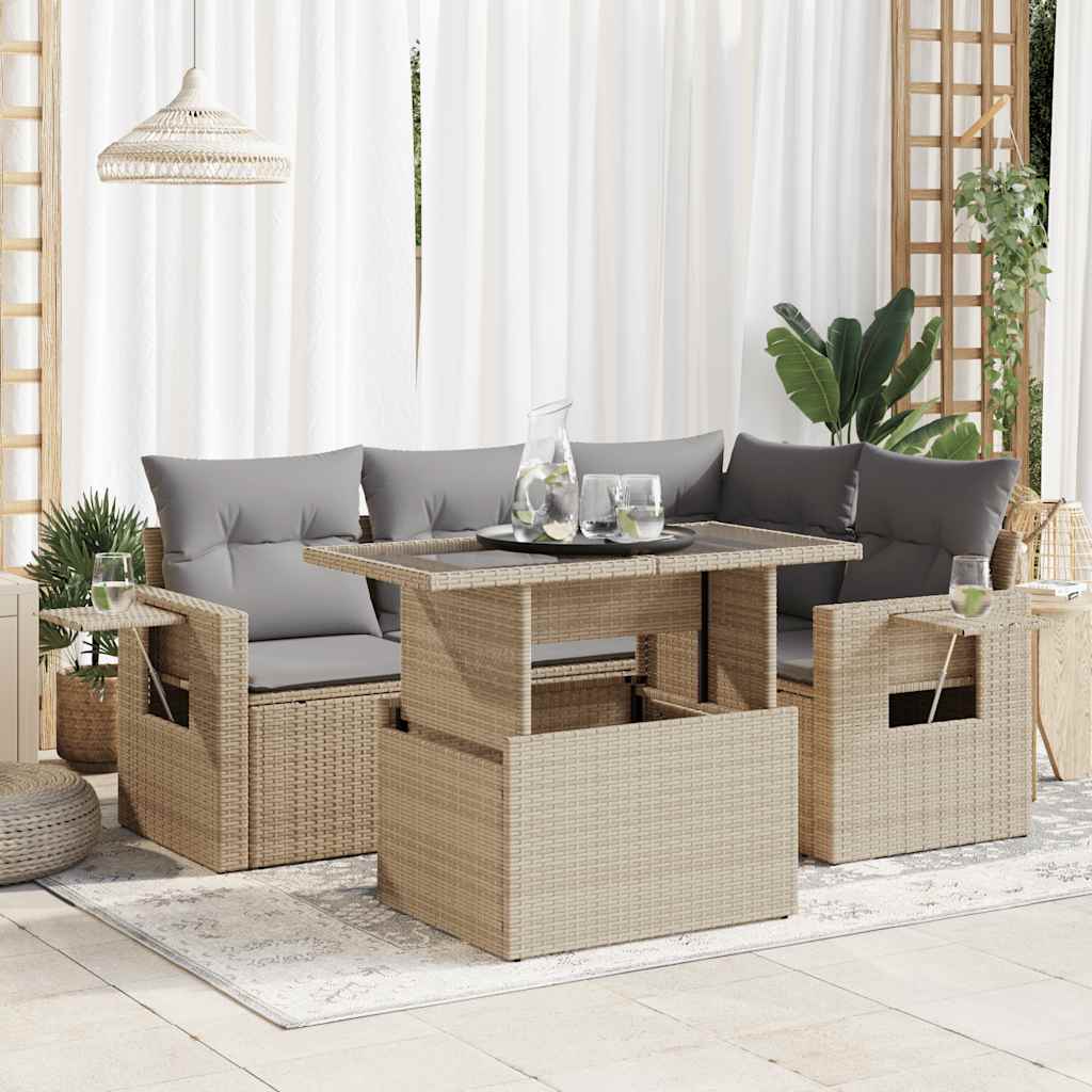 5-delige Loungeset met kussens poly rattan beige – afbeelding 1