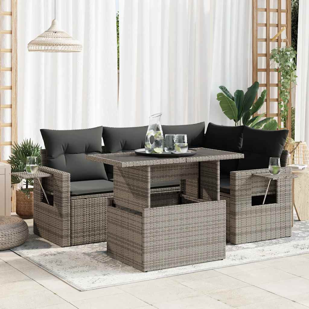 5-delige Loungeset met kussens poly rattan grijs – afbeelding 1