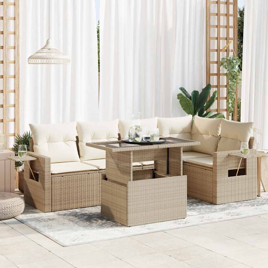 6-delige Loungeset met kussens poly rattan beige – afbeelding 1