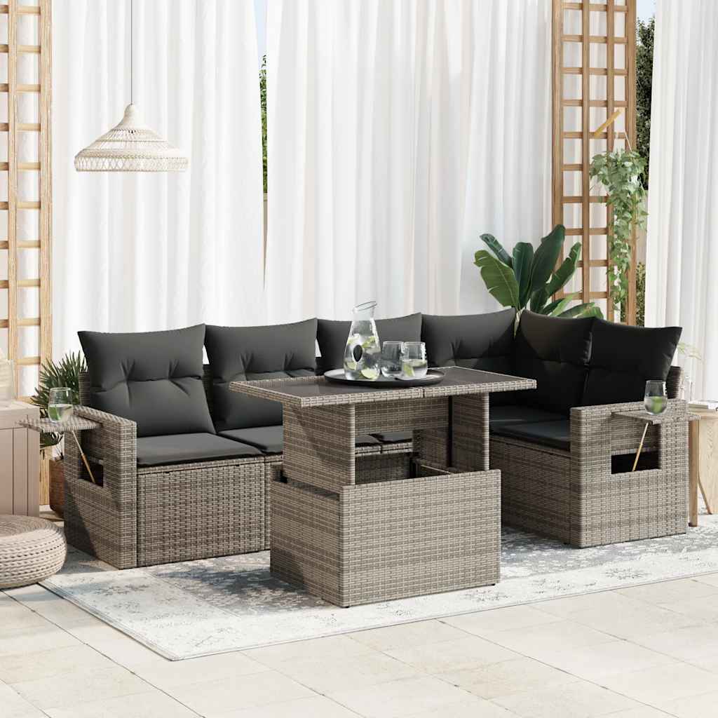 6-delige Loungeset met kussens poly rattan grijs – afbeelding 1
