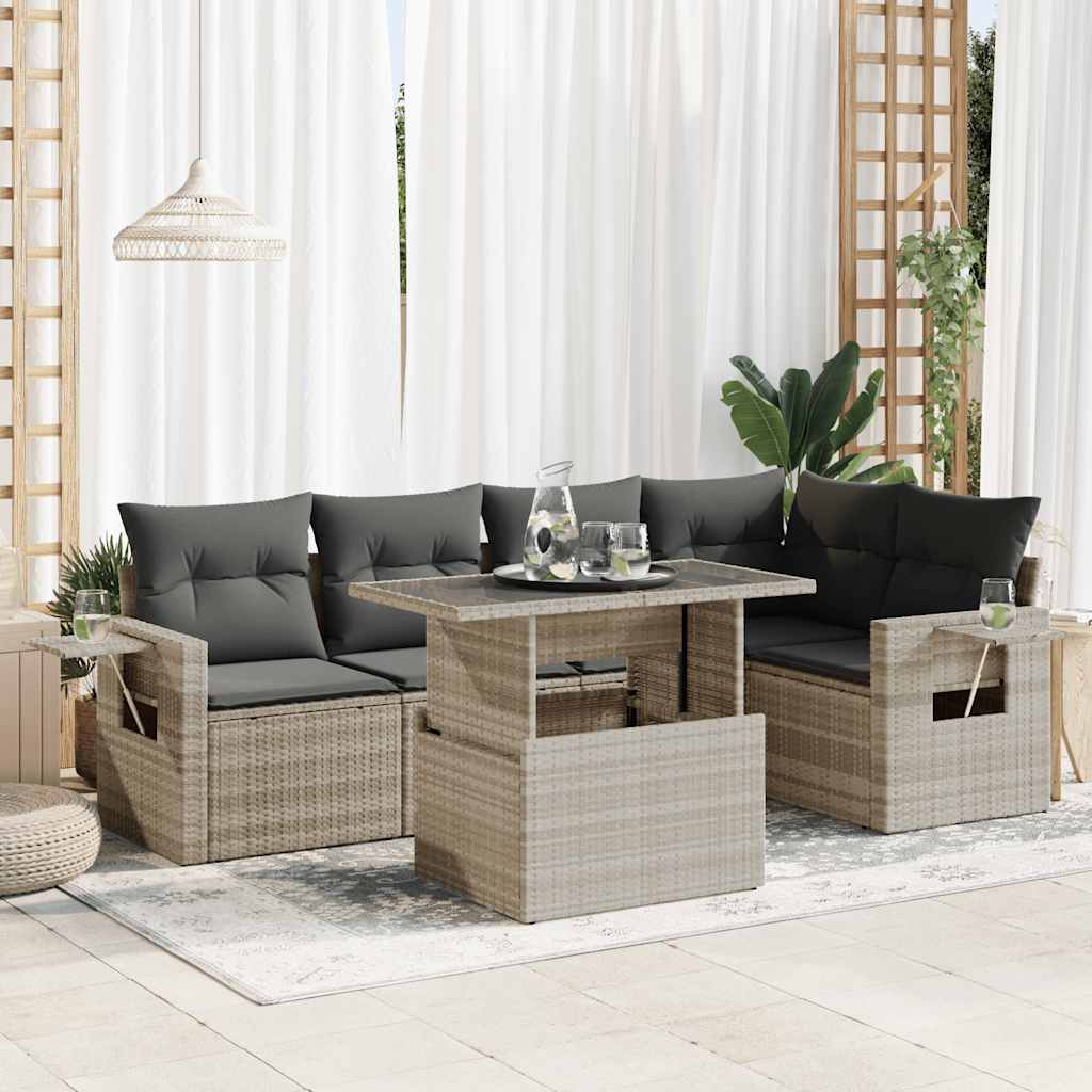 6-delige Loungeset met kussens poly rattan lichtgrijs – afbeelding 1