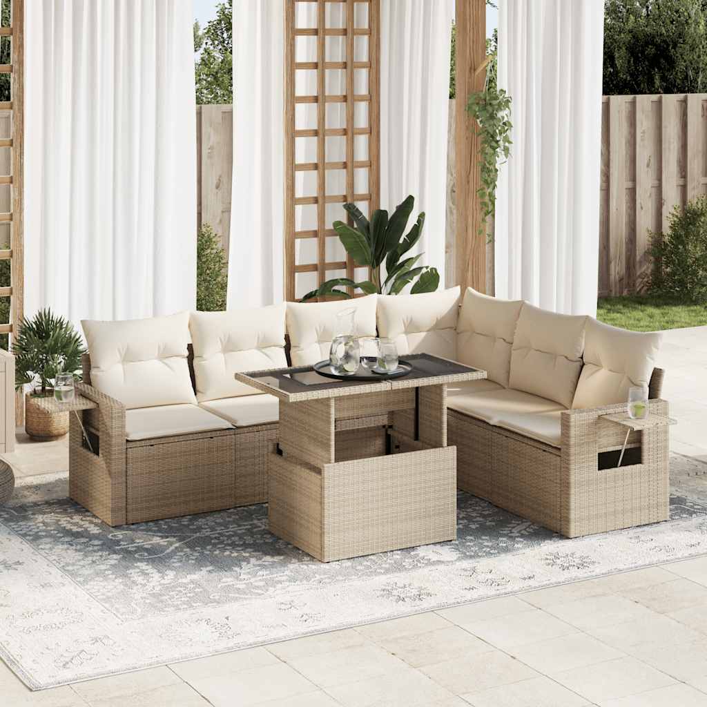 7-delige Loungeset met kussens poly rattan beige – afbeelding 1