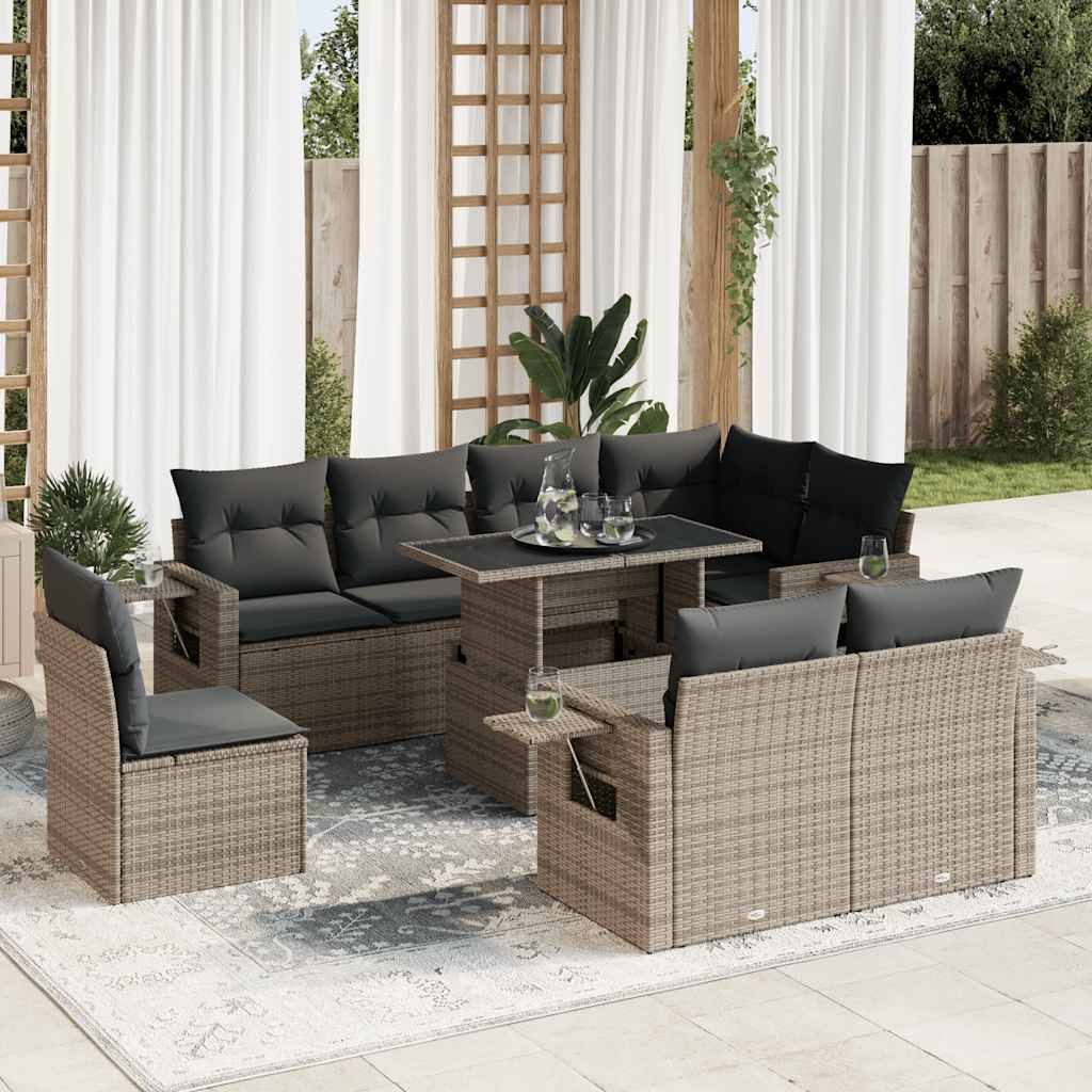 9-delige Loungeset met kussens poly rattan grijs – afbeelding 1