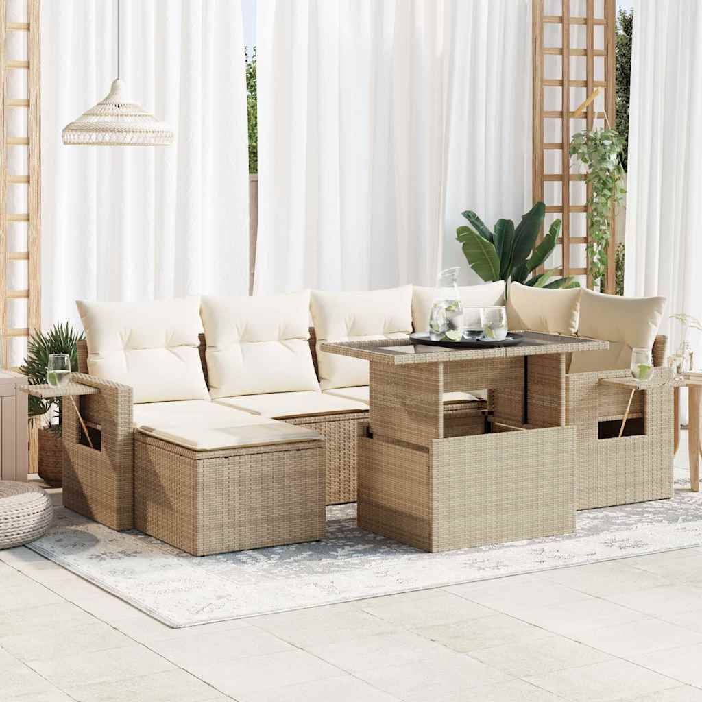 7-delige Loungeset met kussens poly rattan beige – afbeelding 1