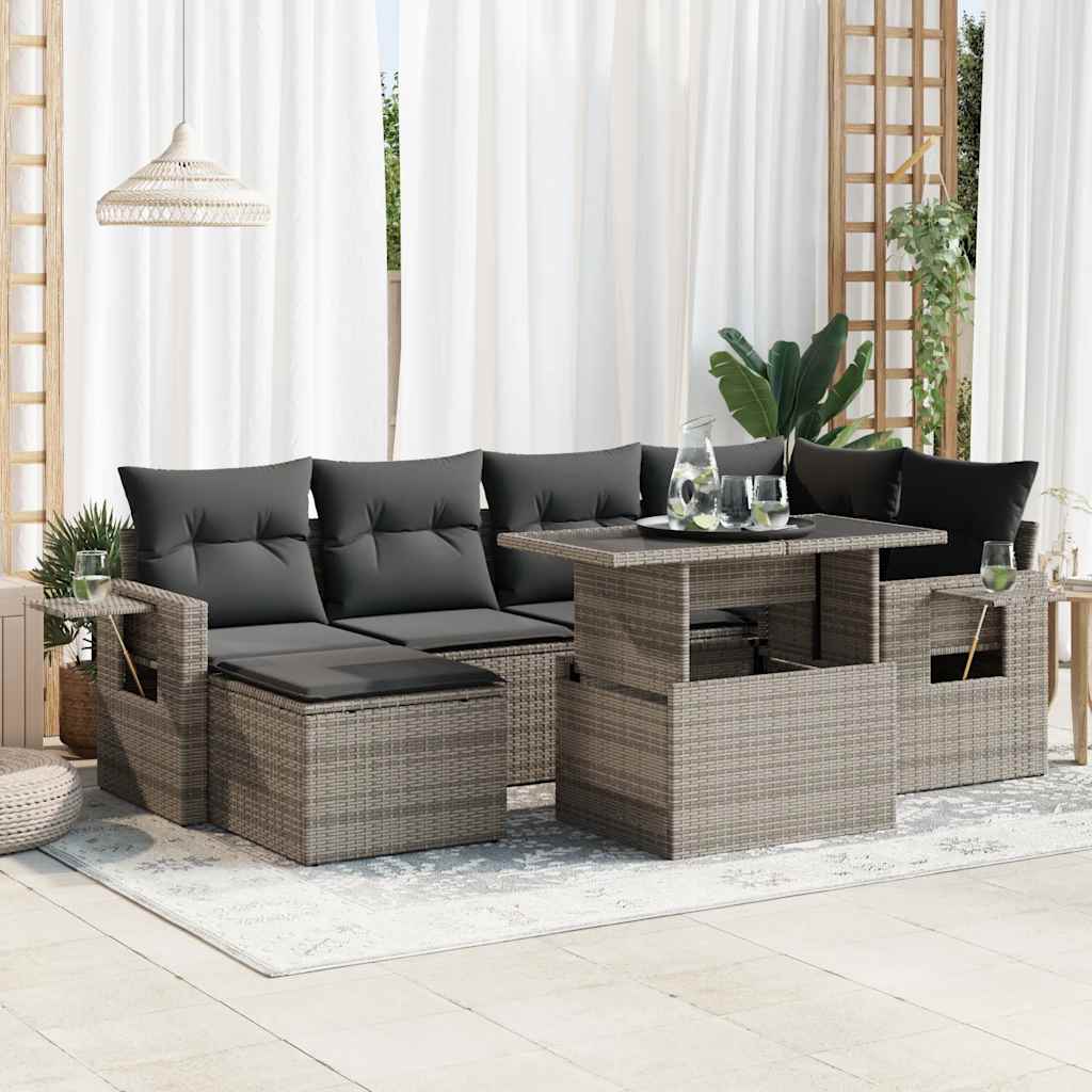 7-delige Loungeset met kussens poly rattan grijs – afbeelding 1
