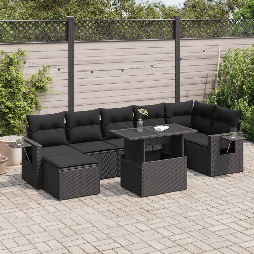 8-delige Loungeset met kussens poly rattan zwart – afbeelding 1