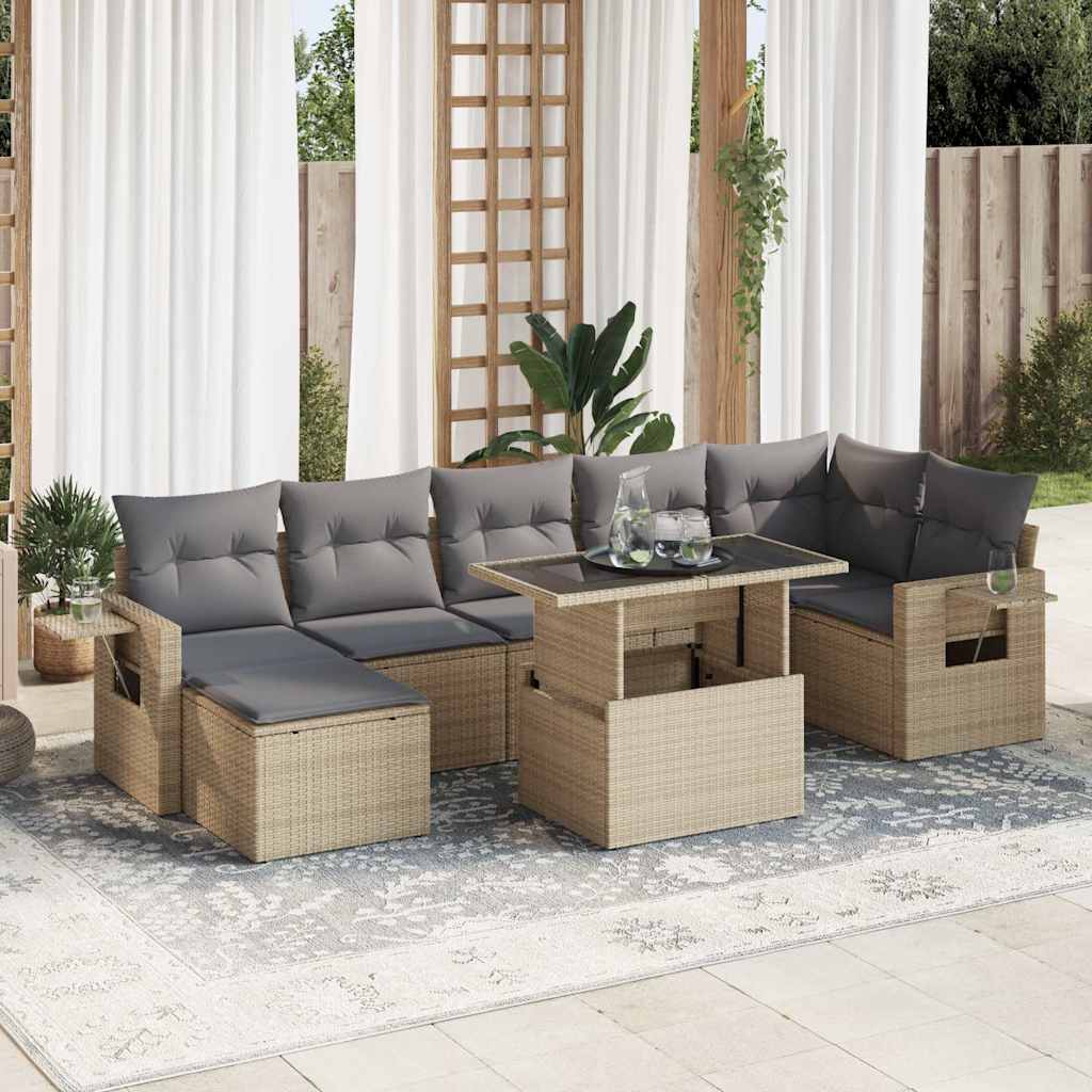 8-delige Loungeset met kussens poly rattan beige – afbeelding 1