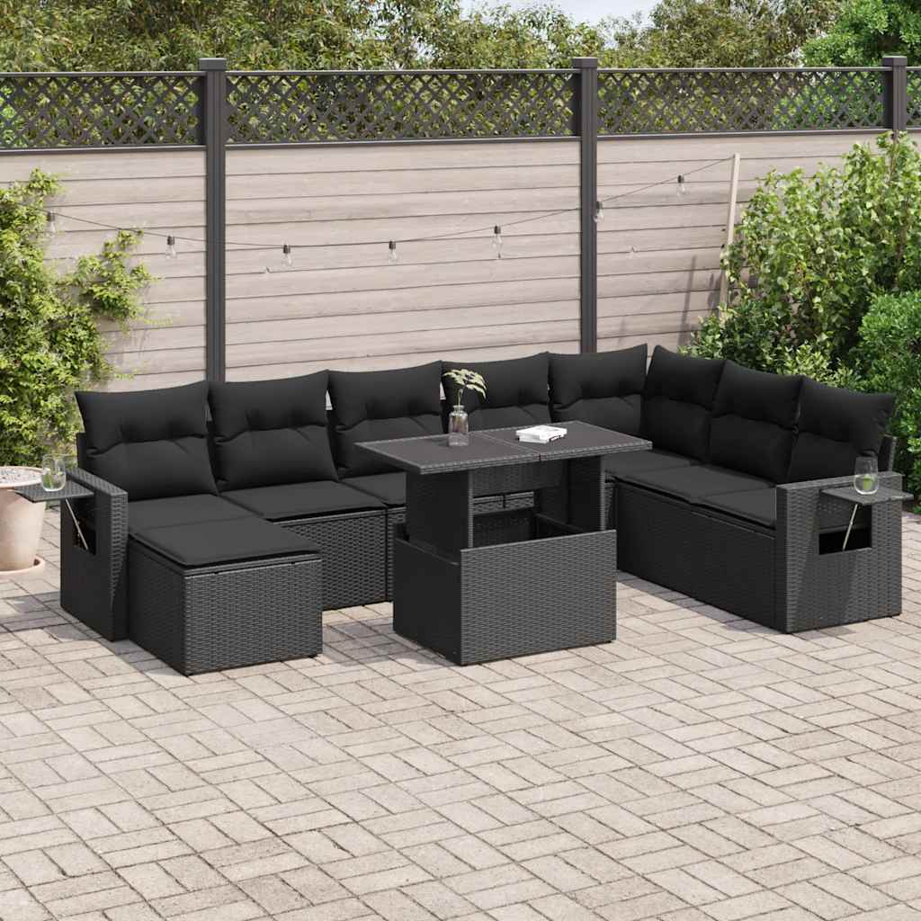 9-delige Loungeset met kussens poly rattan zwart – afbeelding 1