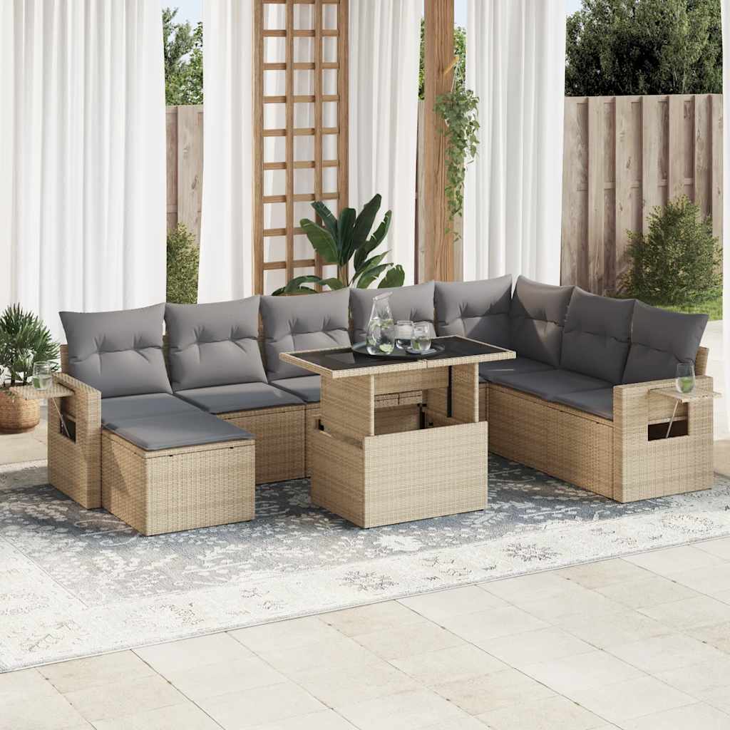 9-delige Loungeset met kussens poly rattan beige – afbeelding 1