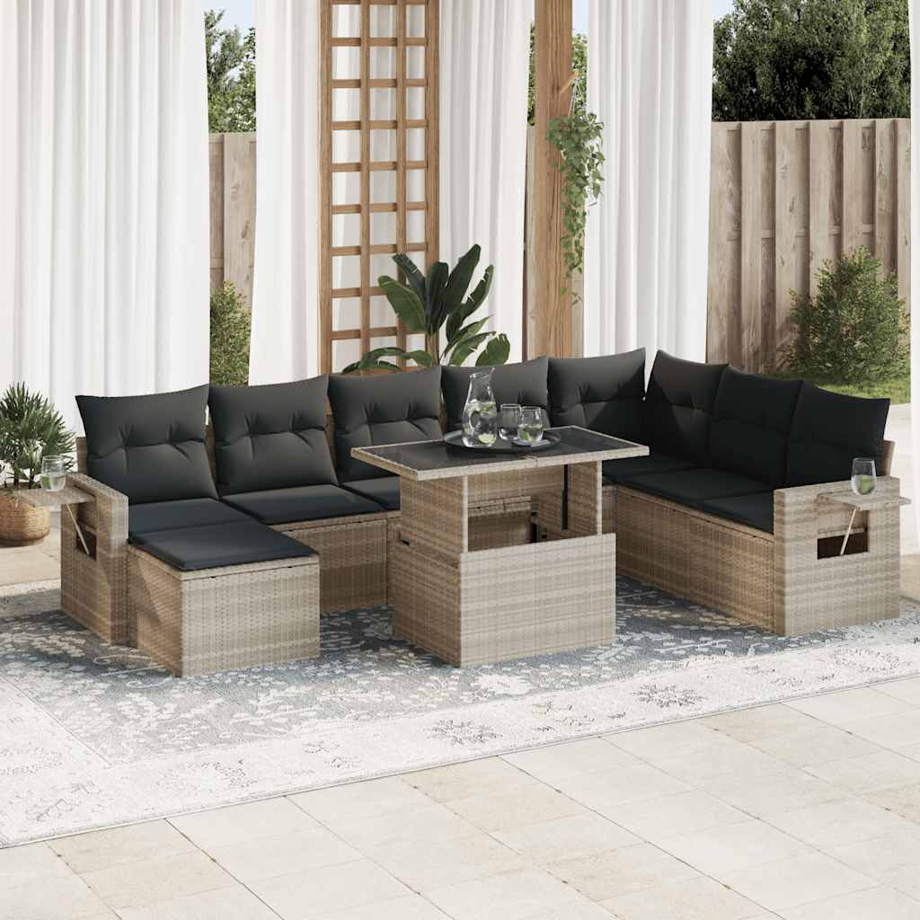 9-delige Loungeset met kussens poly rattan lichtgrijs – afbeelding 1