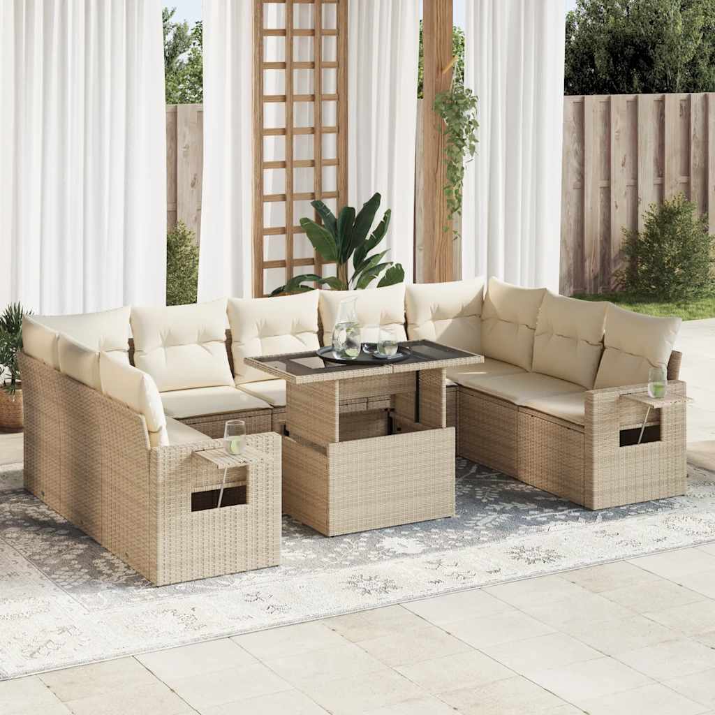 10-delige Loungeset met kussens poly rattan beige – afbeelding 1