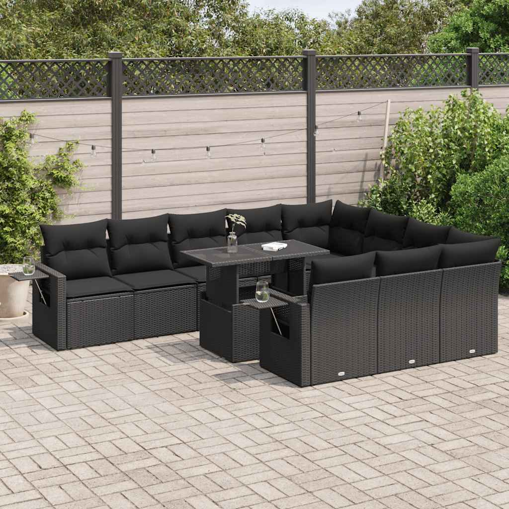 11-delige Loungeset met kussens poly rattan zwart – afbeelding 1