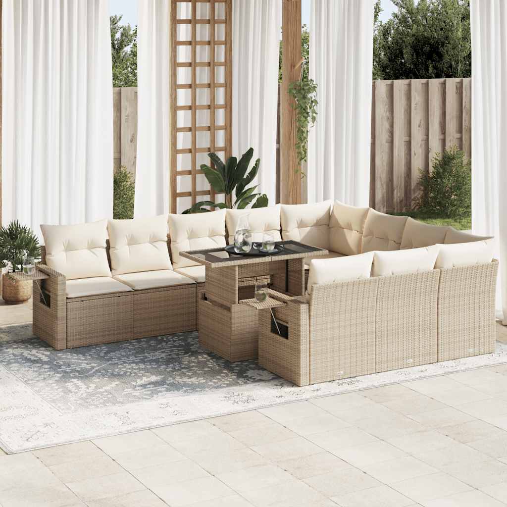 11-delige Tuinset met kussens poly rattan beige – afbeelding 1