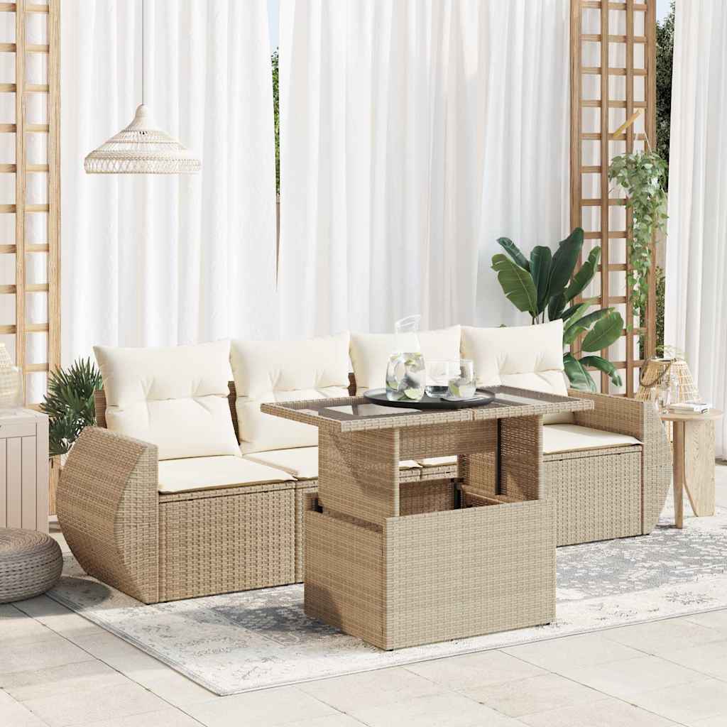 5-delige Loungeset met kussens poly rattan beige – afbeelding 1