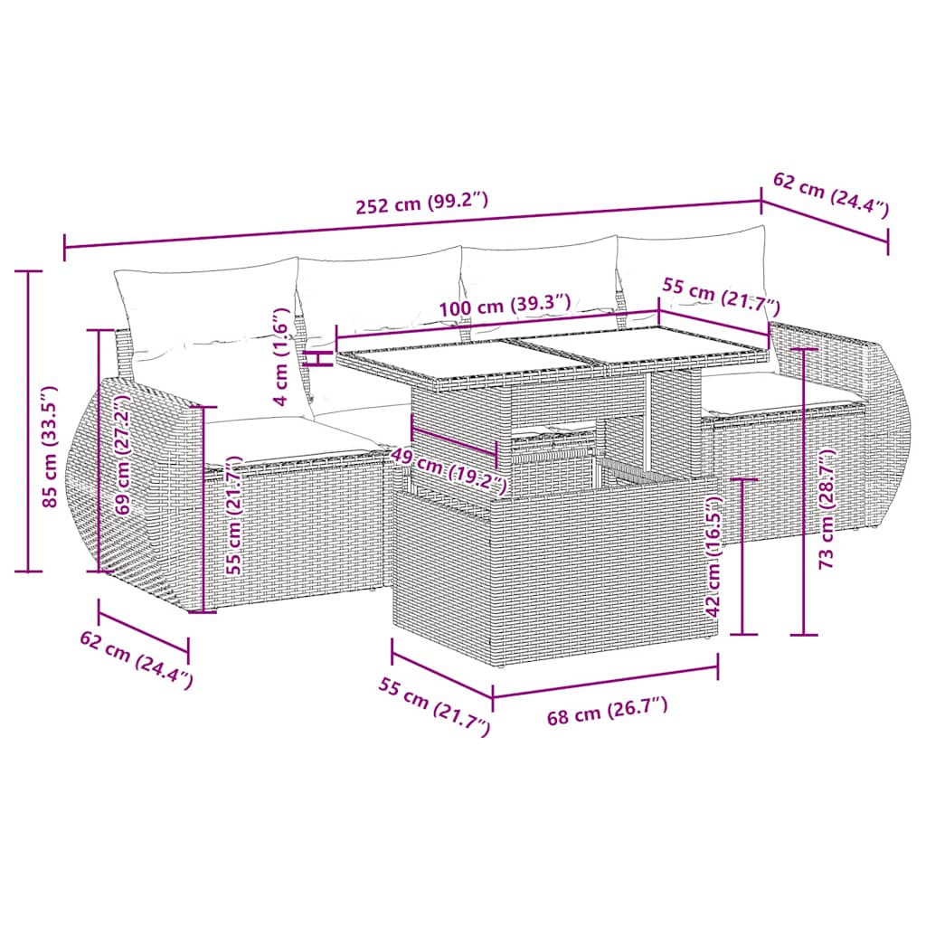 5-delige Loungeset met kussens poly rattan acacia bruin – afbeelding 12