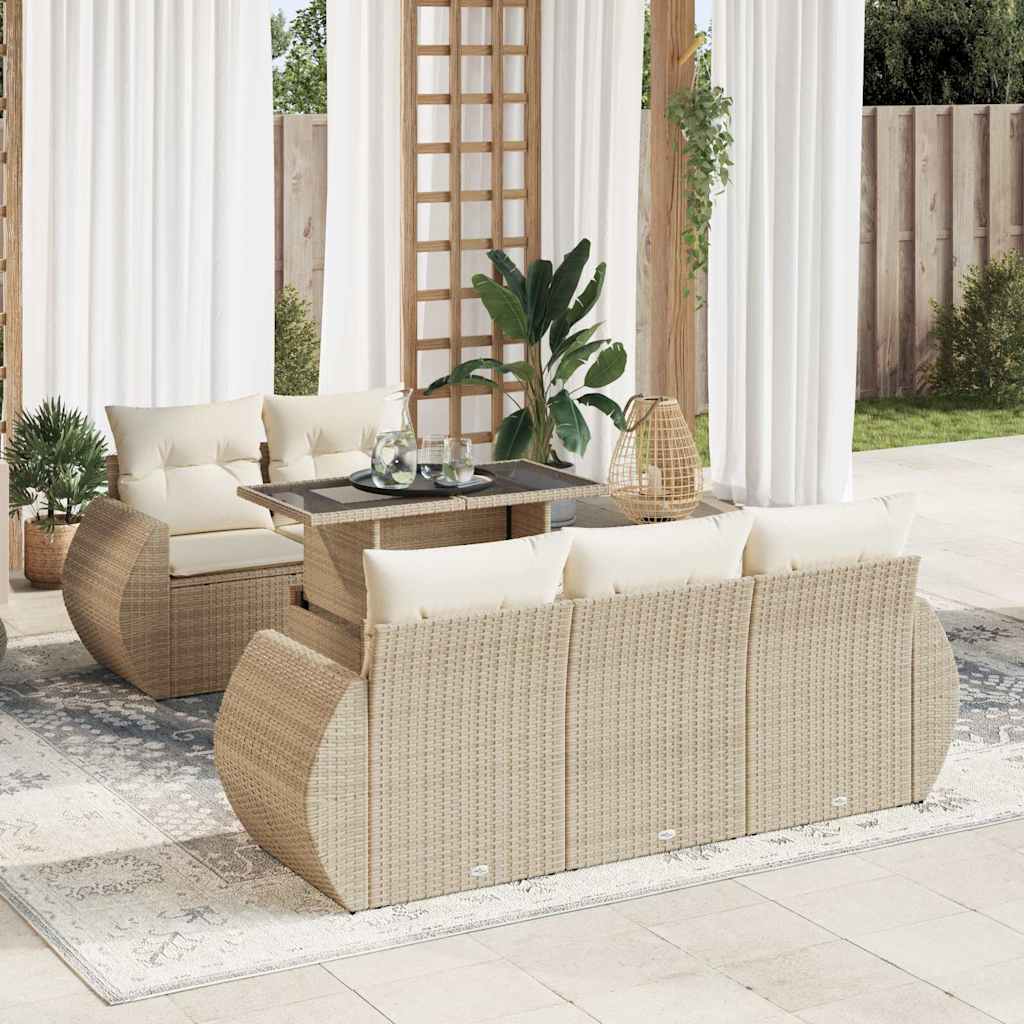 6-delige Loungeset met kussens poly rattan beige