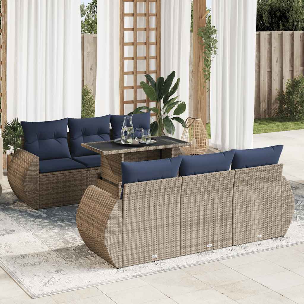 7-delige Loungeset met kussens poly rattan acacia grijs – afbeelding 1