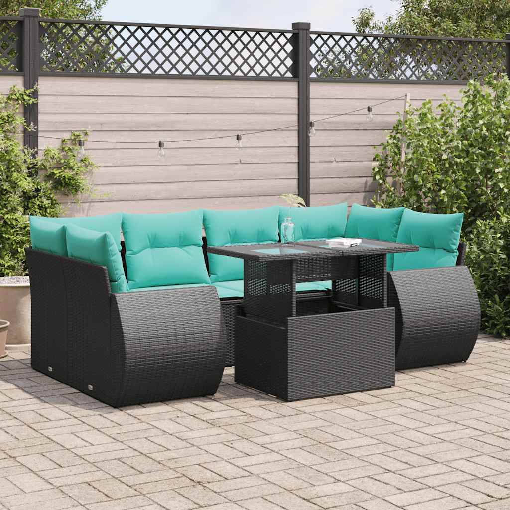 7-delige Loungeset met kussens poly rattan acacia zwart – afbeelding 1