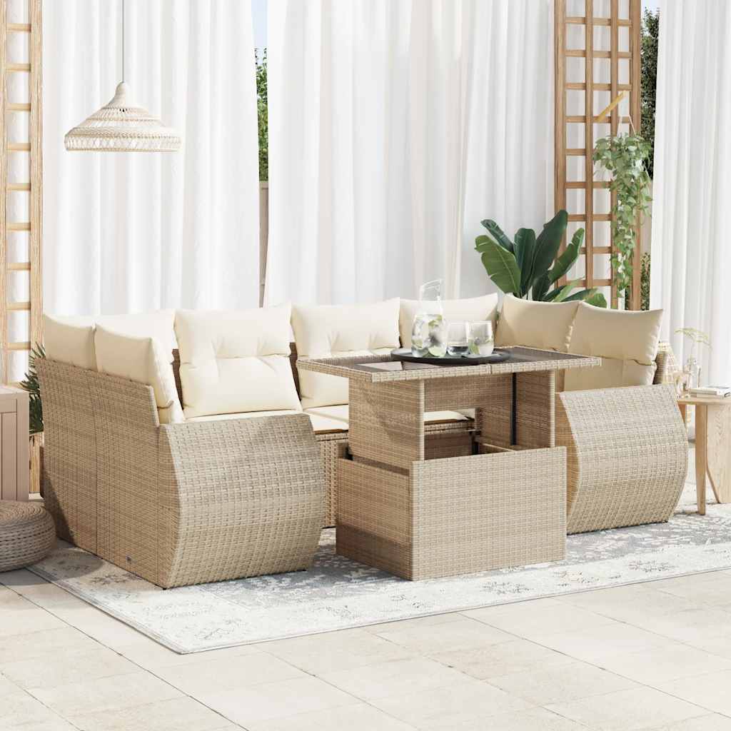 7-delige Loungeset met kussens poly rattan beige – afbeelding 1