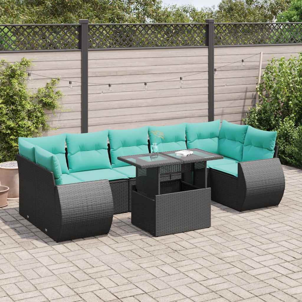8-delige Loungeset met kussens poly rattan acacia zwart – afbeelding 1