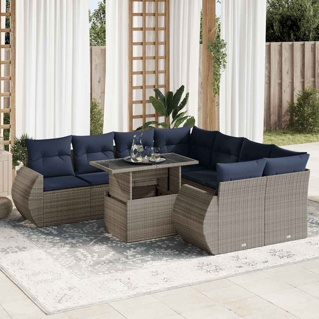 9-delige Loungeset met kussens poly rattan acacia grijs – afbeelding 1