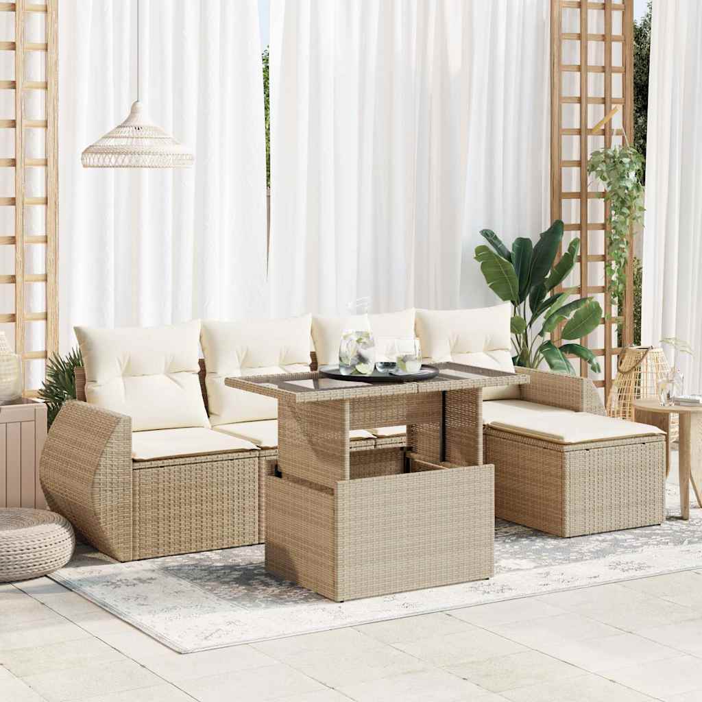 6-delige Loungeset met kussens poly rattan beige – afbeelding 1