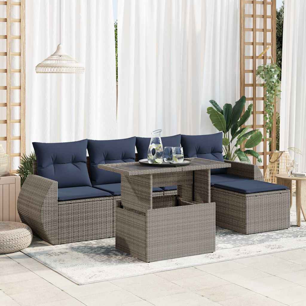 6-delige Loungeset met kussens poly rattan acacia grijs – afbeelding 1